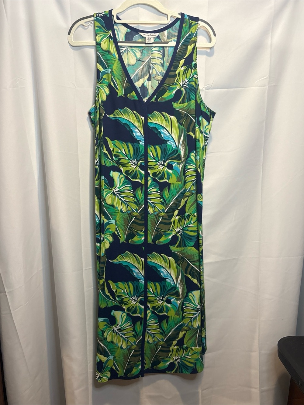 Tommy Bahama Navy Midi Dress with Green Tropical Leaf Print